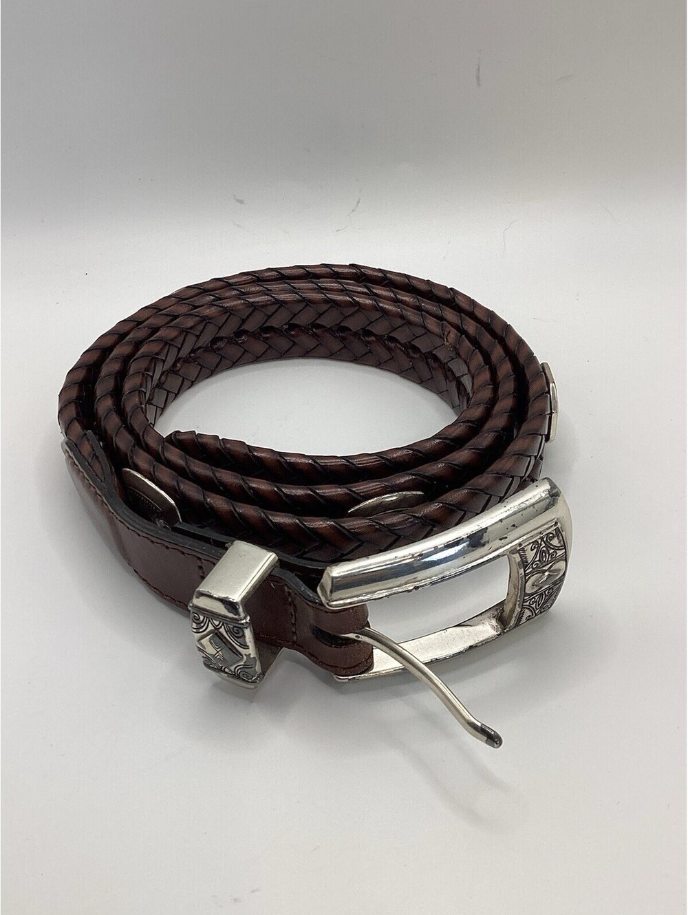 Brighthton Braided Belt Size 36 Brown Leather Silver Buckle Q2108